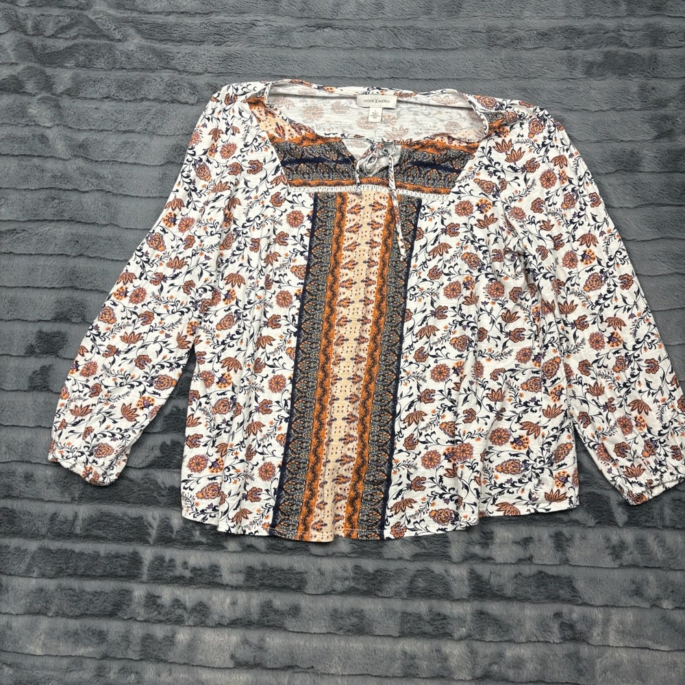 Vintage America Blues Women Large Floral Paisley Peasant Blouse Orange Navy Blue